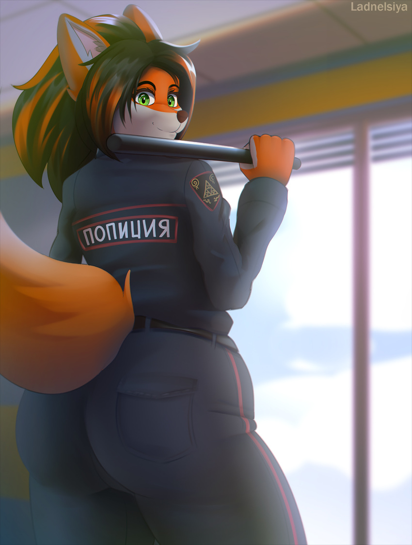 2022 canid canine clothing digital_media_(artwork) fox green_eyes hair hi_res inside ladnelsiya looking_back mammal multicolored_hair police_baton police_officer smile thick_thighs uniform wide_hips