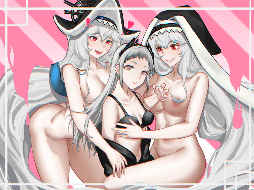 3girls :d areola_slip areolae arknights ass bangs bent_over black_bra black_headwear black_shirt border bra breasts cleavage collarbone completely_nude convenient_censoring dual_persona eyebrows_visible_through_hair fff_threesome grey_hair group_sex hair_censor heart heart-shaped_pupils highres hupo_1000 irene_(arknights) large_breasts long_hair looking_at_another looking_at_viewer multiple_girls nipples nude off_shoulder open_clothes open_shirt parted_bangs parted_lips pink_background red_eyes scar scar_across_eye scar_on_face sharp_teeth shirt small_breasts smile specter_(arknights) specter_the_unchained_(arknights) striped striped_background symbol-shaped_pupils teeth threesome underwear upper_body upper_teeth vertical_stripes very_long_hair white_border yuri