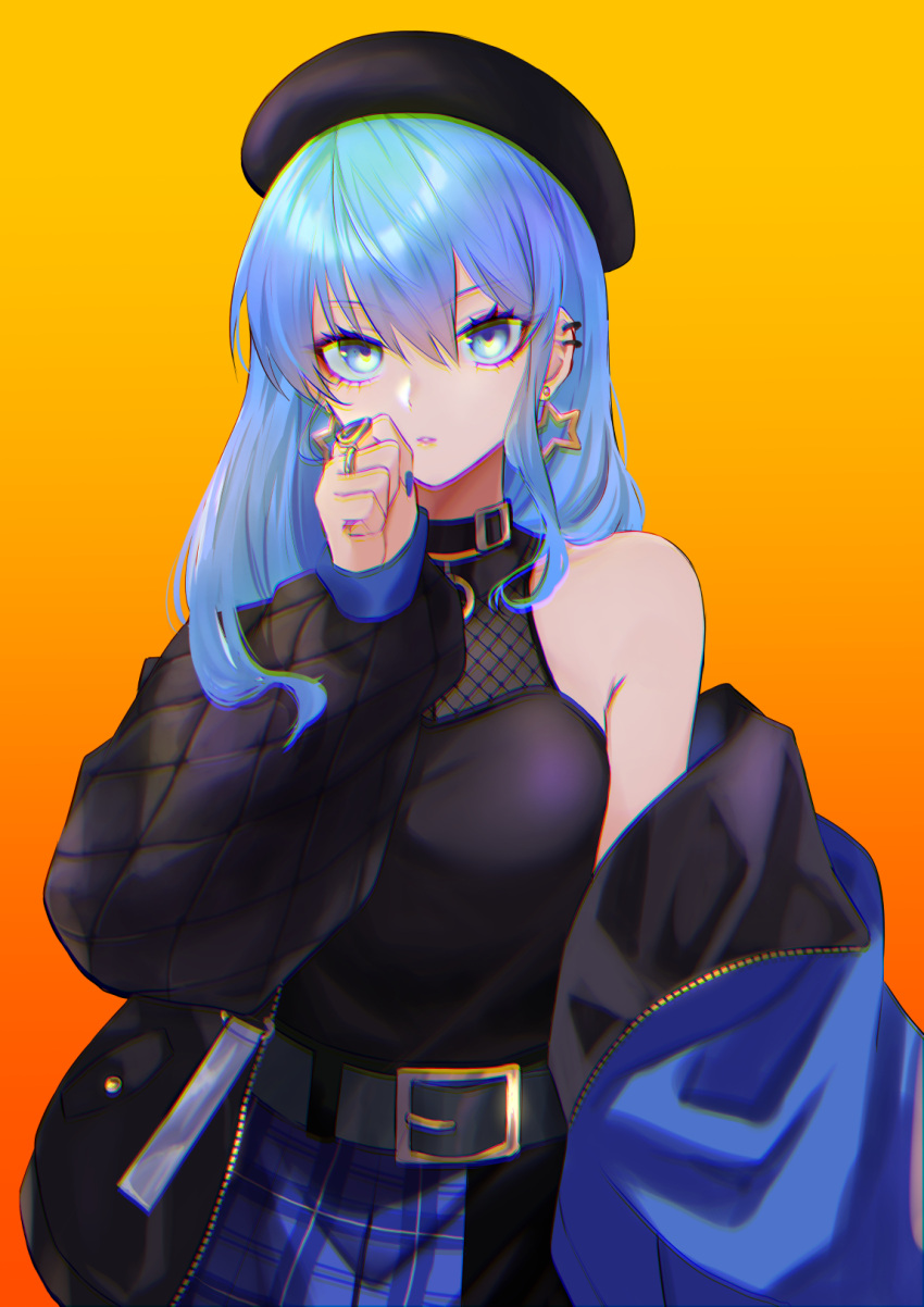 1girl bangs bare_shoulders belt beret black_belt black_collar black_headwear black_jacket black_shirt blue_eyes blue_hair blue_jacket blue_nails blue_skirt collar ear_piercing earrings gradient gradient_background hair_between_eyes hat highres hololive hoshimachi_suisei jacket jewelry long_hair looking_at_viewer multiple_rings nail_polish off_shoulder open_clothes open_jacket parted_lips piercing plaid plaid_skirt pls ring saco_(cgmore) shirt simple_background skirt sleeveless sleeveless_shirt solo star_(symbol) star_earrings virtual_youtuber