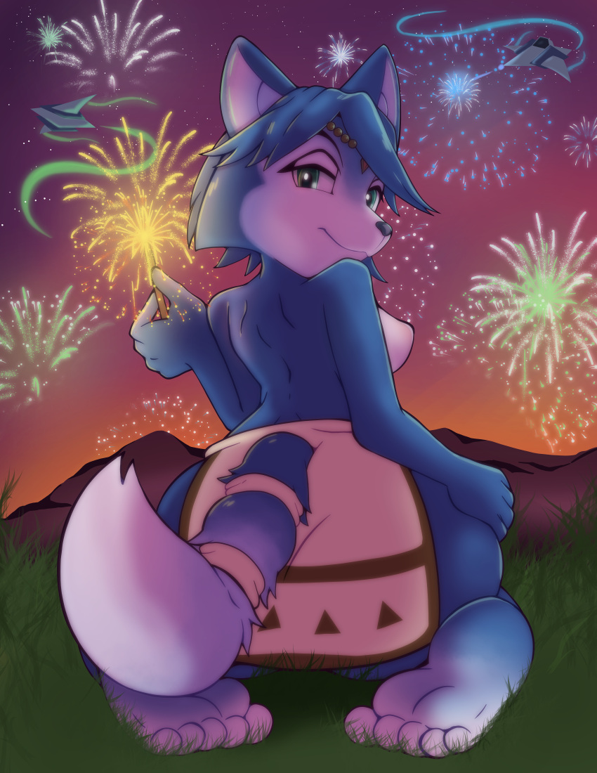 2022 5_fingers 5_toes absurd_res accessory anthro arwing big_butt blue_body blue_fur bottomwear breasts brown_bottomwear brown_clothing butt canid canine clothed clothing dipstick_tail feet female fingers fireworks fox fur furgonomics grass hand_on_butt hi_res holding_object krystal looking_at_viewer looking_back mammal markings medium_breasts nintendo nipples outside pink_nipples plant rear_view senshion solo sparkler star_fox sunset tail_accessory tail_markings tailband tan_bottomwear tan_clothing toes topless video_games white_body white_fur wide_hips