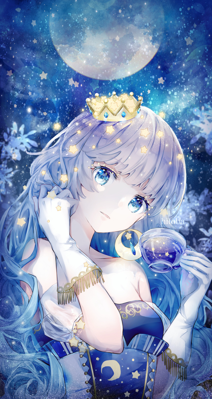 1girl absurdres artist_name bangs bare_shoulders blue_eyes blue_hair blue_theme blunt_bangs collarbone commentary_request crescent_print crown cup earrings expressionless galaxy gloves gradient_hair hi_to_ba highres hitoba holding holding_cup jewelry looking_at_viewer mini_crown moon moon_print multicolored_hair night off_shoulder original outdoors purple_hair short_sleeves sky solo sparkle star_(sky) star_(symbol) star_print starry_sky starry_sky_print tassel tea_party teacup transparent upper_body wavy_hair white_gloves