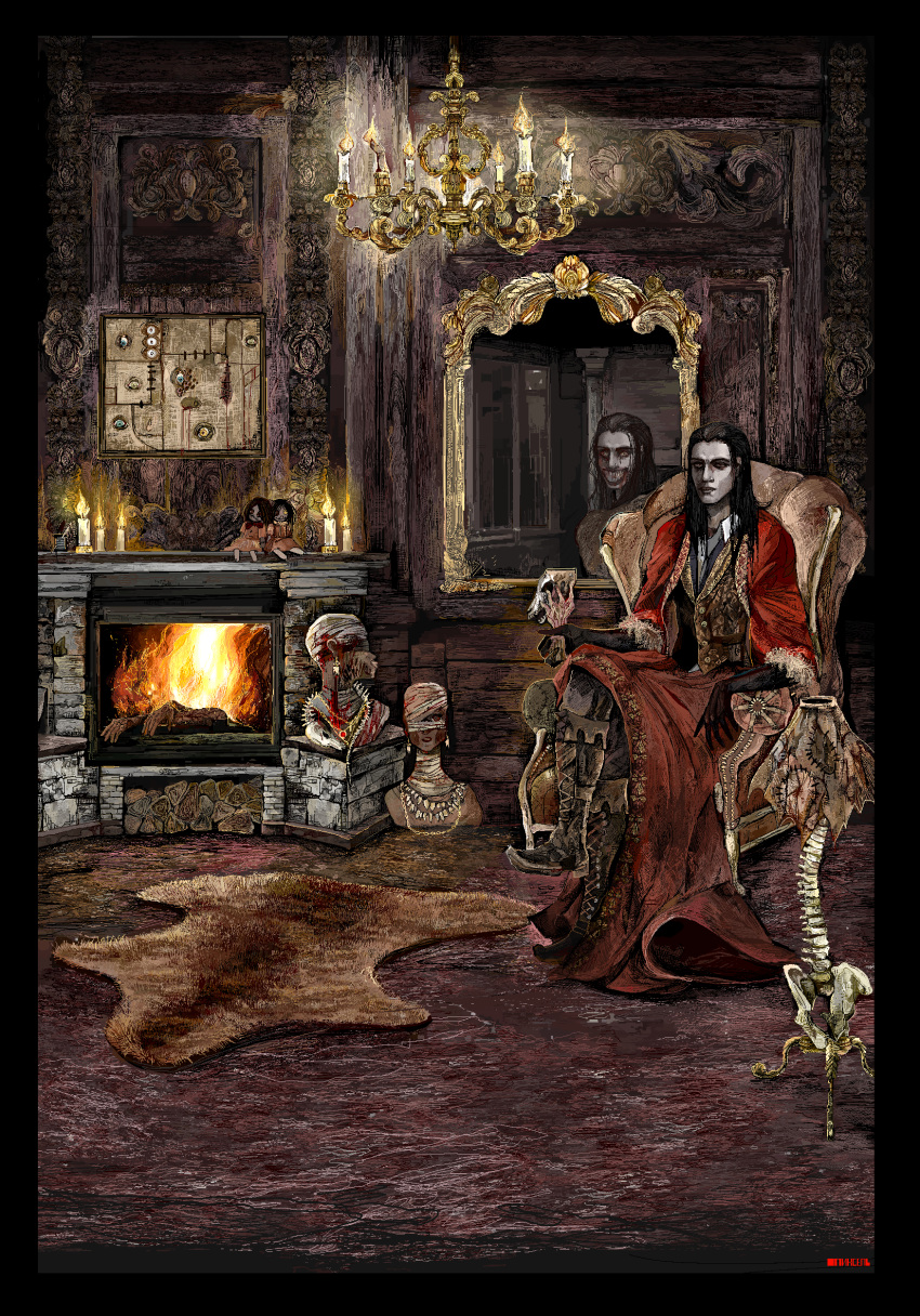body_horror bone carpet digital_media_(artwork) doll fire fireplace floor_lamp hi_res human jeffusherb lamp male mammal pixel_(artwork) skull solo