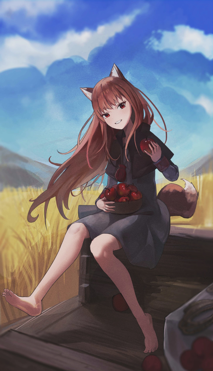 1girl absurdres animal_ears apple bangs barefoot black_capelet blue_sky blurry blurry_foreground brown_hair capelet cloud day dress floating_hair food fruit full_body fur-trimmed_capelet fur_trim grey_dress grin head_tilt highres holding holding_food holding_fruit holo long_hair long_sleeves looking_at_viewer mountainous_horizon outdoors qq1264702834 red_apple red_eyes short_dress sitting sky smile soles solo spice_and_wolf straight_hair tail very_long_hair wheat_field wolf_ears wolf_tail