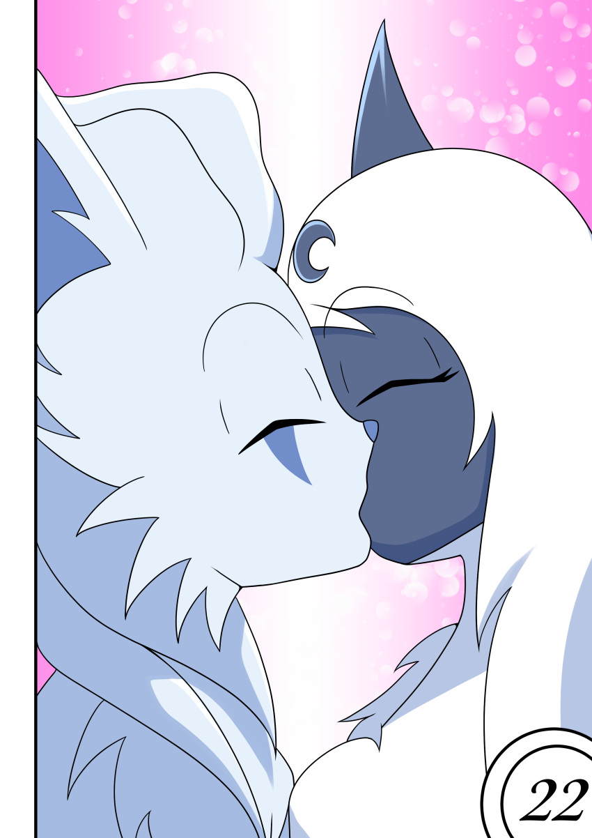 absol absurd_res alolan_ninetales anthro anthrofied blue_body blue_fur blue_hair chiro_(zerochill) close-up comic duo eyes_closed female fur hair hi_res khblacky97 kiss_on_lips kissing male male/female midni_(solarkness) nintendo pok&eacute;mon pok&eacute;mon_(species) pok&eacute;morph pokemon_unite regional_form_(pok&eacute;mon) simple_background video_games white_body white_fur white_hair