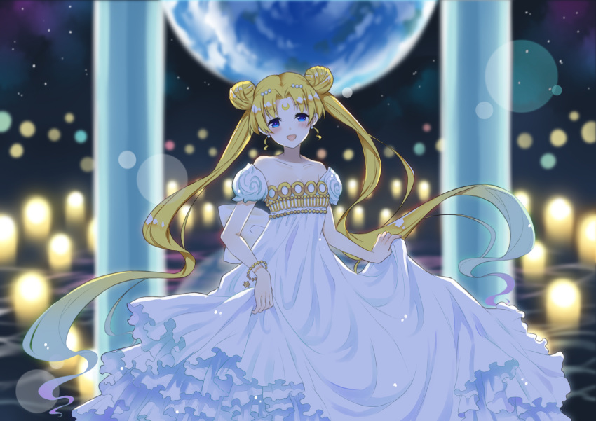 1girl ahase_hino bishoujo_senshi_sailor_moon blonde_hair blue_eyes blush bracelet cowboy_shot crescent crescent_facial_mark double_bun earrings facial_mark forehead_mark full_moon highres jewelry long_hair looking_at_viewer moon open_mouth princess_serenity puffy_short_sleeves puffy_sleeves short_sleeves skirt_hold solo tsukino_usagi twintails very_long_hair