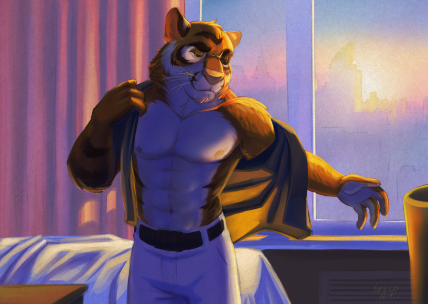 aaron_tyrone absurd_res anthro clothed clothing felid hi_res leo-artis male mammal morning open_clothing open_shirt open_topwear pantherine police police_officer shirt solo sunrise tiger topwear wake_up