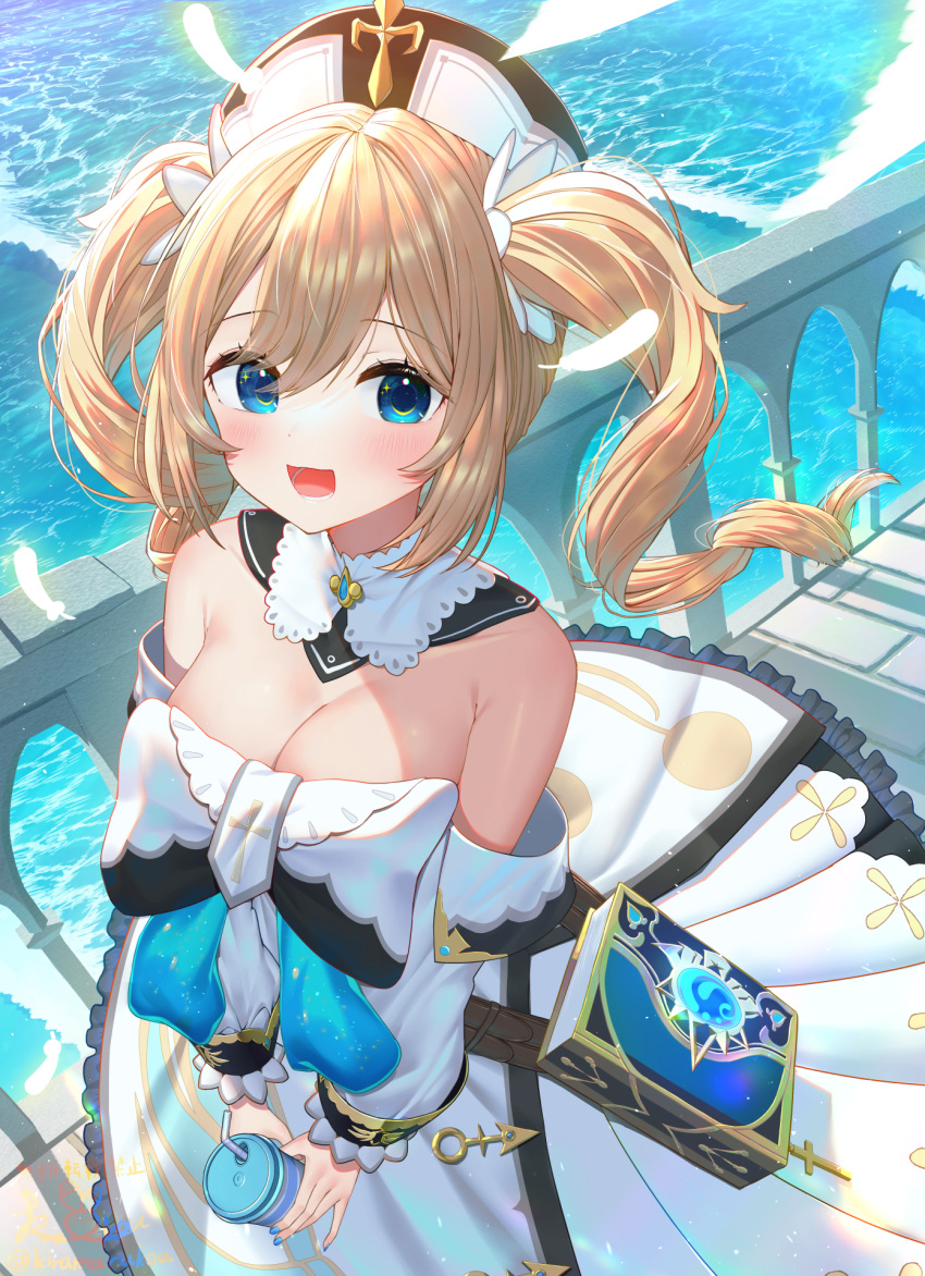 1girl :d bangs barbara_(genshin_impact) bare_shoulders blonde_hair blue_eyes blue_nails blush book bow breasts cleavage cup detached_collar detached_sleeves disposable_cup dress eyebrows_visible_through_hair feathers frilled_dress frills from_above genshin_impact highres holding holding_cup kiramarukou large_bow long_hair long_sleeves looking_at_viewer looking_up medium_breasts nail_polish ocean open_mouth pleated_dress railing smile solo strapless strapless_dress twintails vision_(genshin_impact) water white_bow white_dress white_headwear