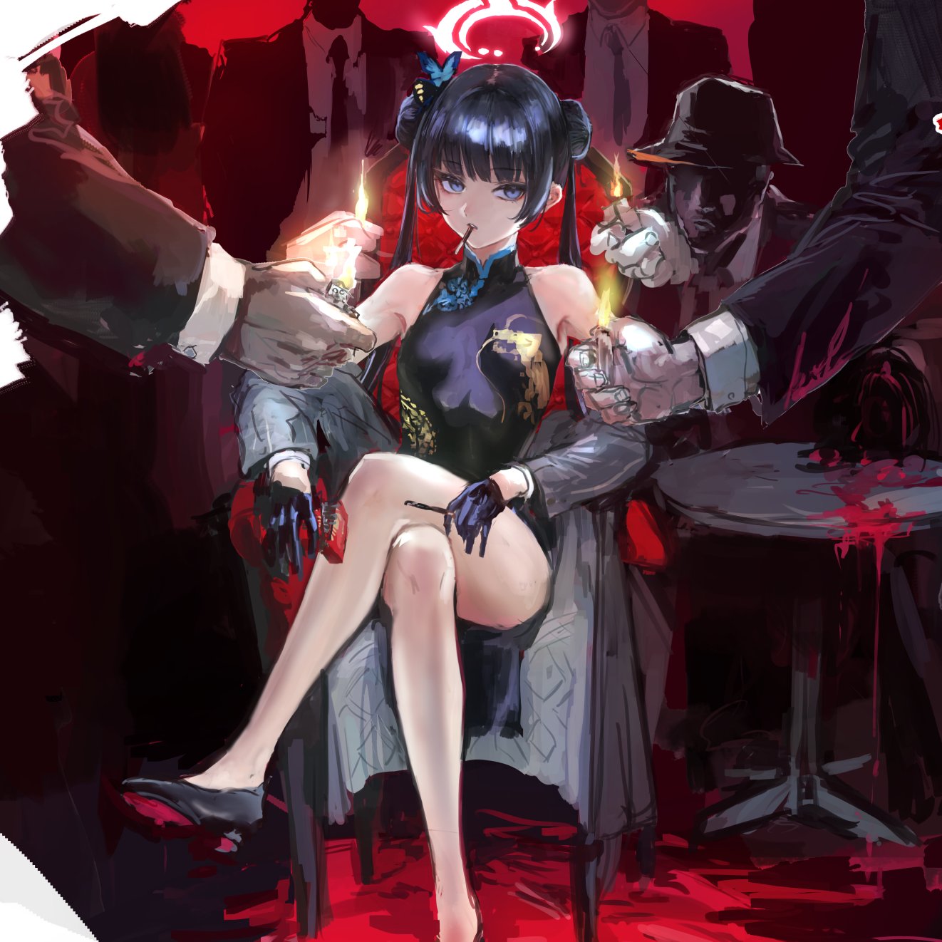 The Big ImageBoard (TBIB) 1girl 5boys bare shoulders beard black