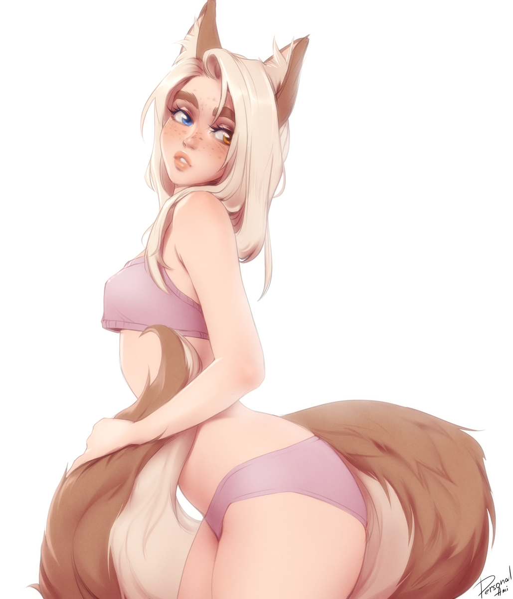 ...fox_tail freckles from_side heterochromia highres long_hair looking_at_v...