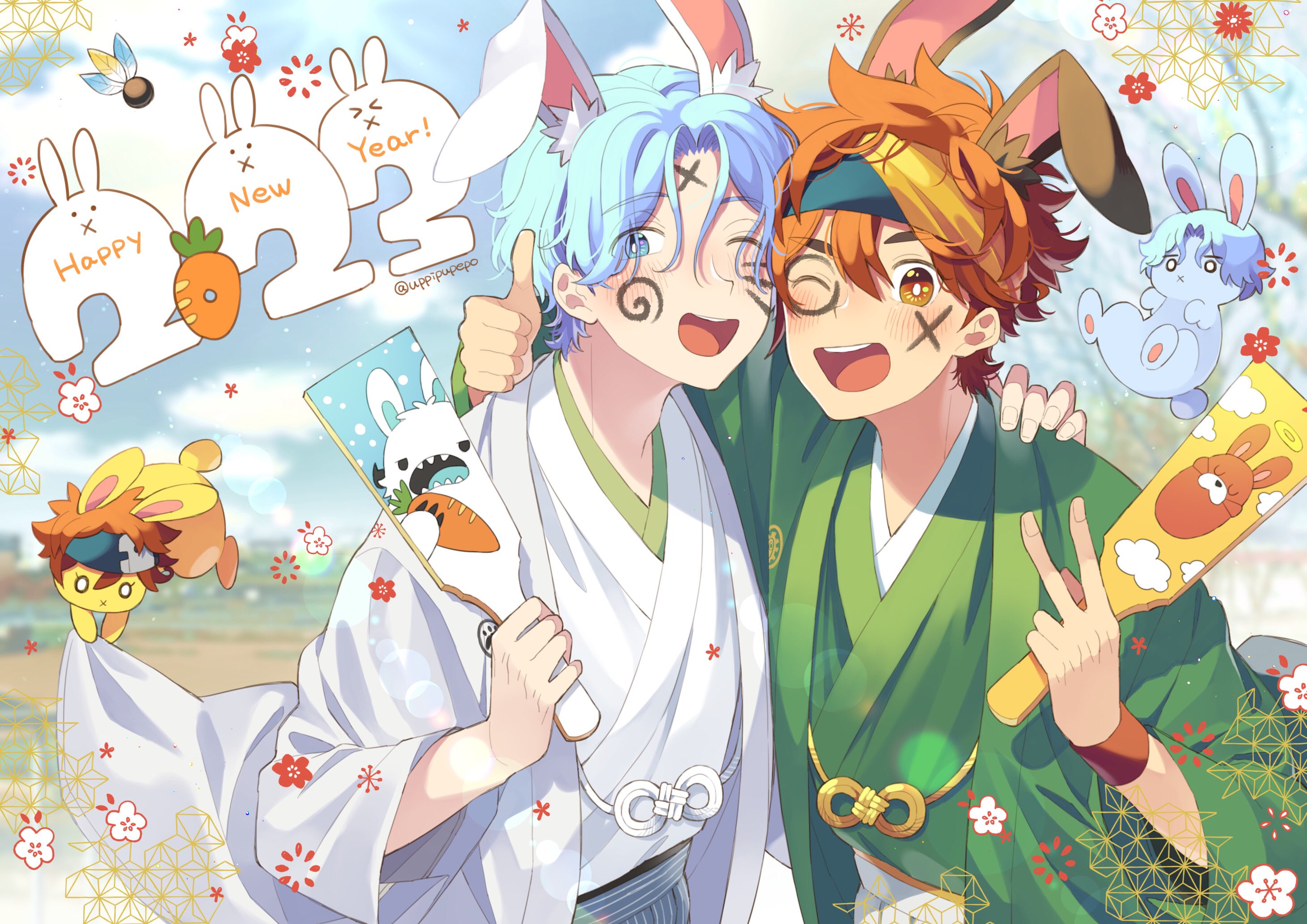 Hasegawa Rabbit The Big ImageBoard (TBIB) - 2023 2boys :x ;d animal ears blue eyes blue ...