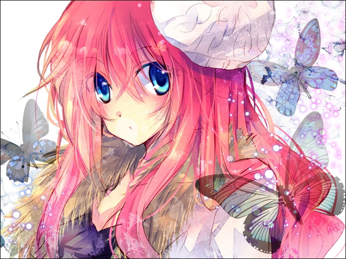 Anime girl with pink hair and red eyes