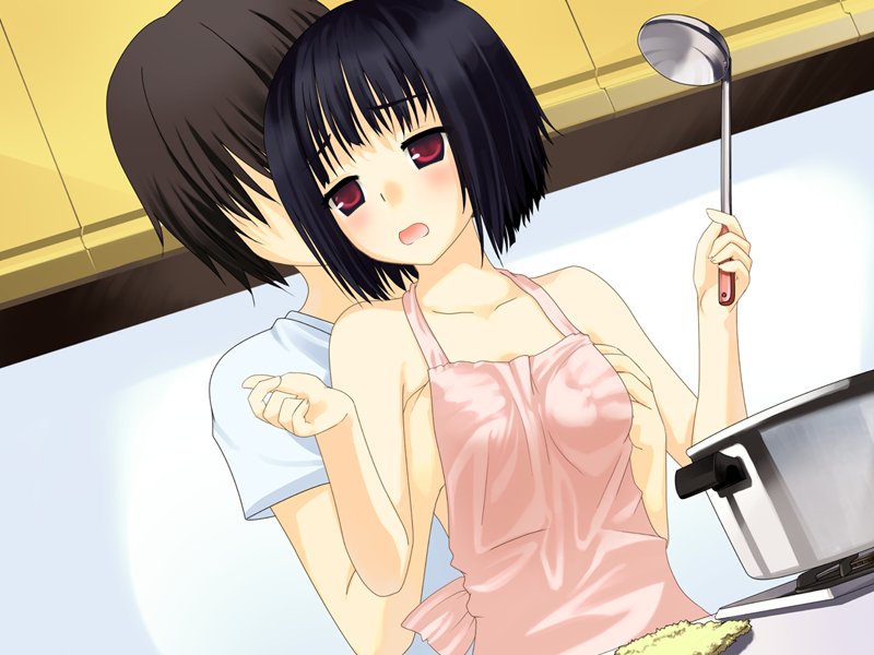 1boy 1girl apron black_hair blush breast_grab breasts cooking from_behind g...