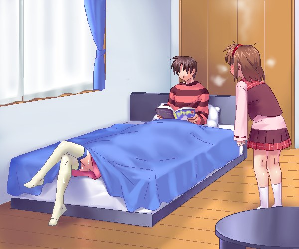 2girls aizawa_yuuichi bed bedroom blanket blush crossed_legs head_steam hid...