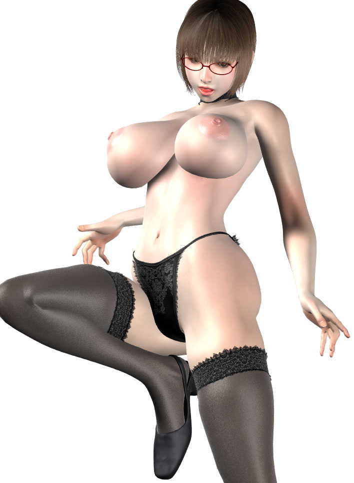 1girl 3d areolae big_breasts breasts brown_hair choker female glasses heels...