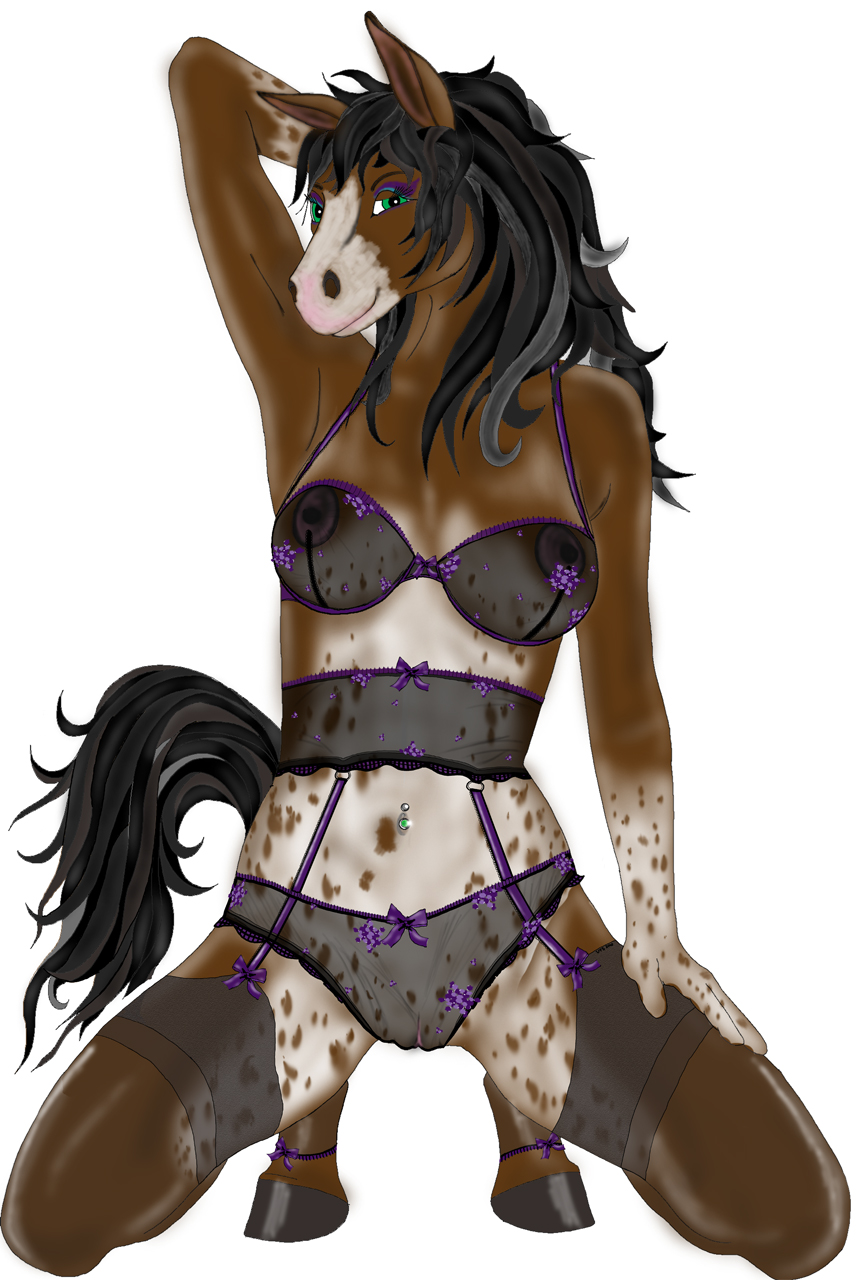 ...bra breasts brown brown_fur camel_toe crouching equine female fur garter...