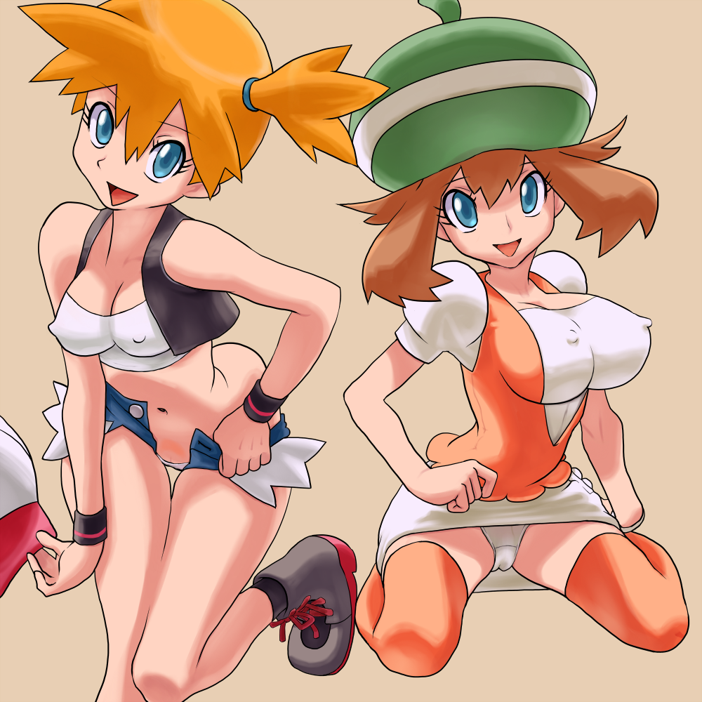 2girls bel(pokemon)(cosplay) beret blue_eyes breasts brown_hair cleavage co...