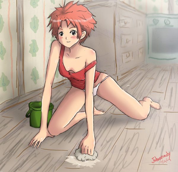 bad_anatomy barefoot blush breasts brown_eyes bucket cleavage johnnady2 pan...