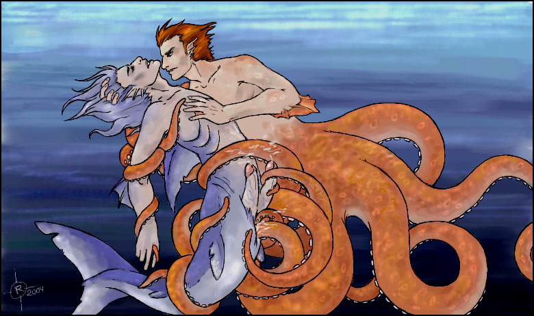 2boys blue_hair cum fish gills male male_focus mermaid merman monster_boy m...
