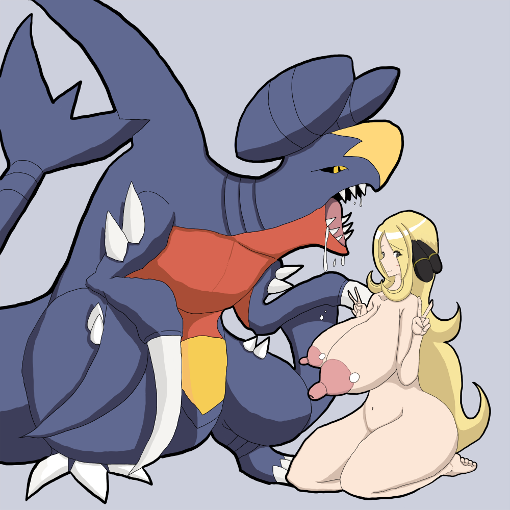 blonde_hair breasts cynthia double_v garchomp large_breasts large_nipples p...