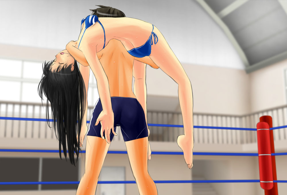 13) open_mouth sakuya(#13) submission sweat swimsuit wrestling wrestling_ri...