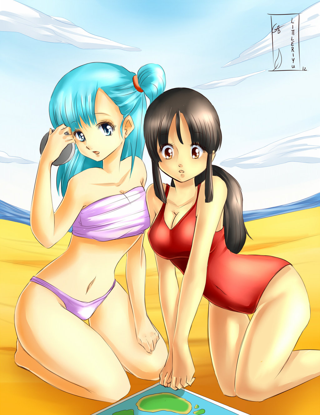 The Big ImageBoard (TBIB) - 2girls beach bikini black hair blue hair breasts bulma chi chi-chi ...