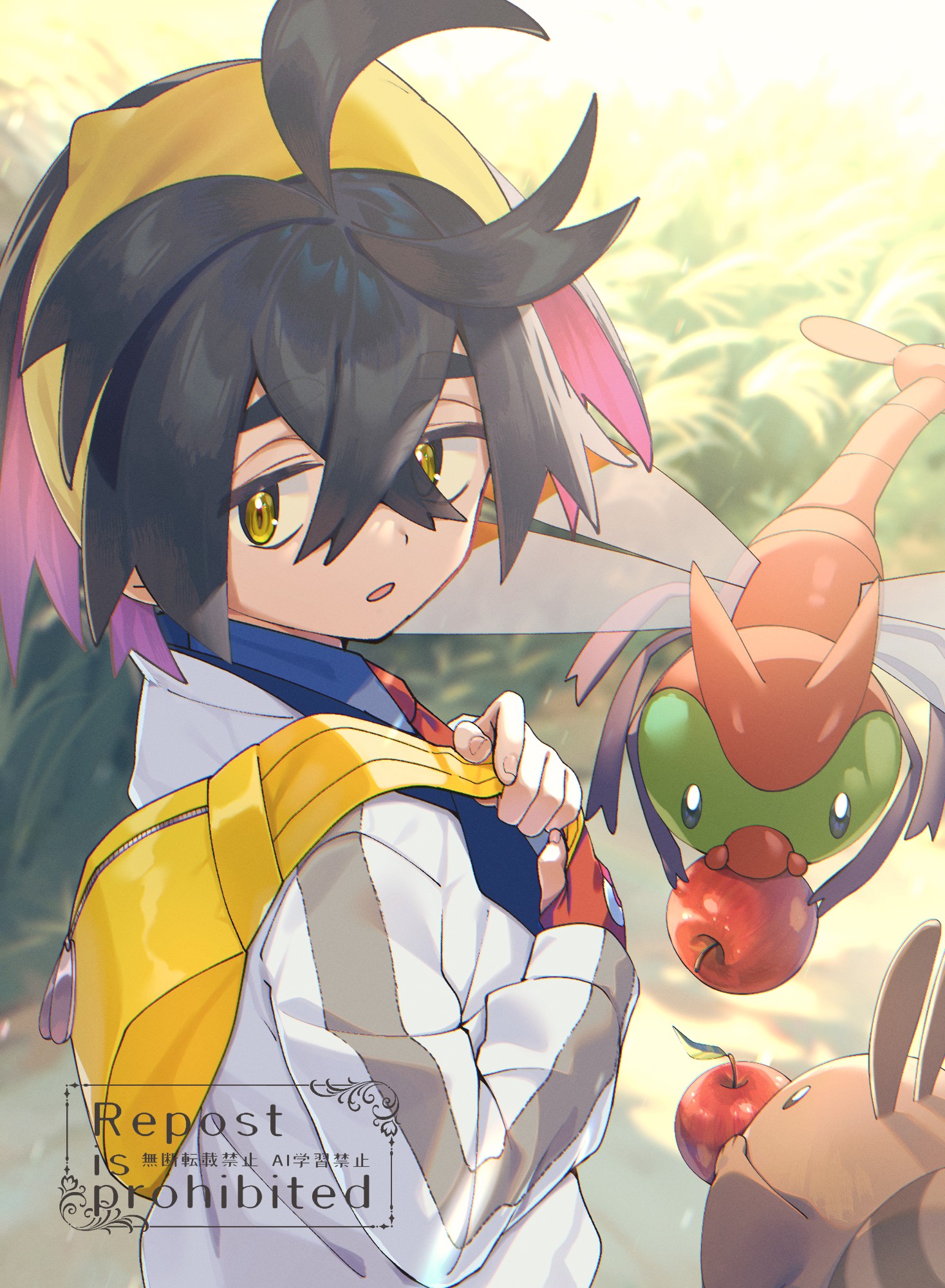 Pink Sentret The Big ImageBoard (TBIB) - 1boy apple bag black hair blue shirt blurry ...