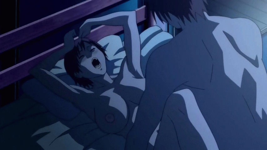 1boy 1girl animated animated_gif armpits arms_up bed bedroom bouncing_breas...