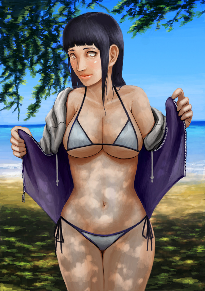 beach bikini black_hair breasts cleavage curvy dappled_sunlight day grey_ey...