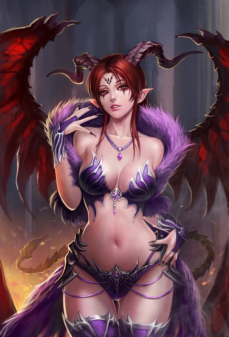 claws demon female fire hair horn jewelry lilith red_eyes red_hair succubus...