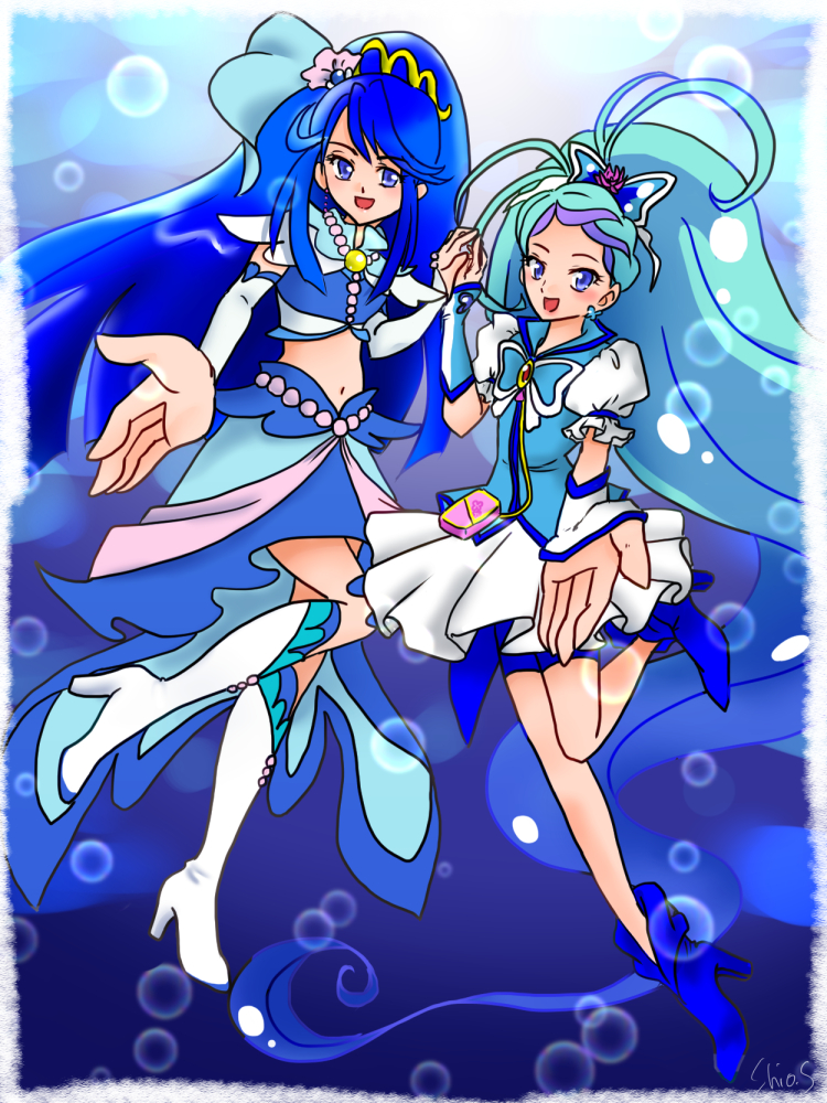 The Big ImageBoard (TBIB) - 2girls blue background color connection ...