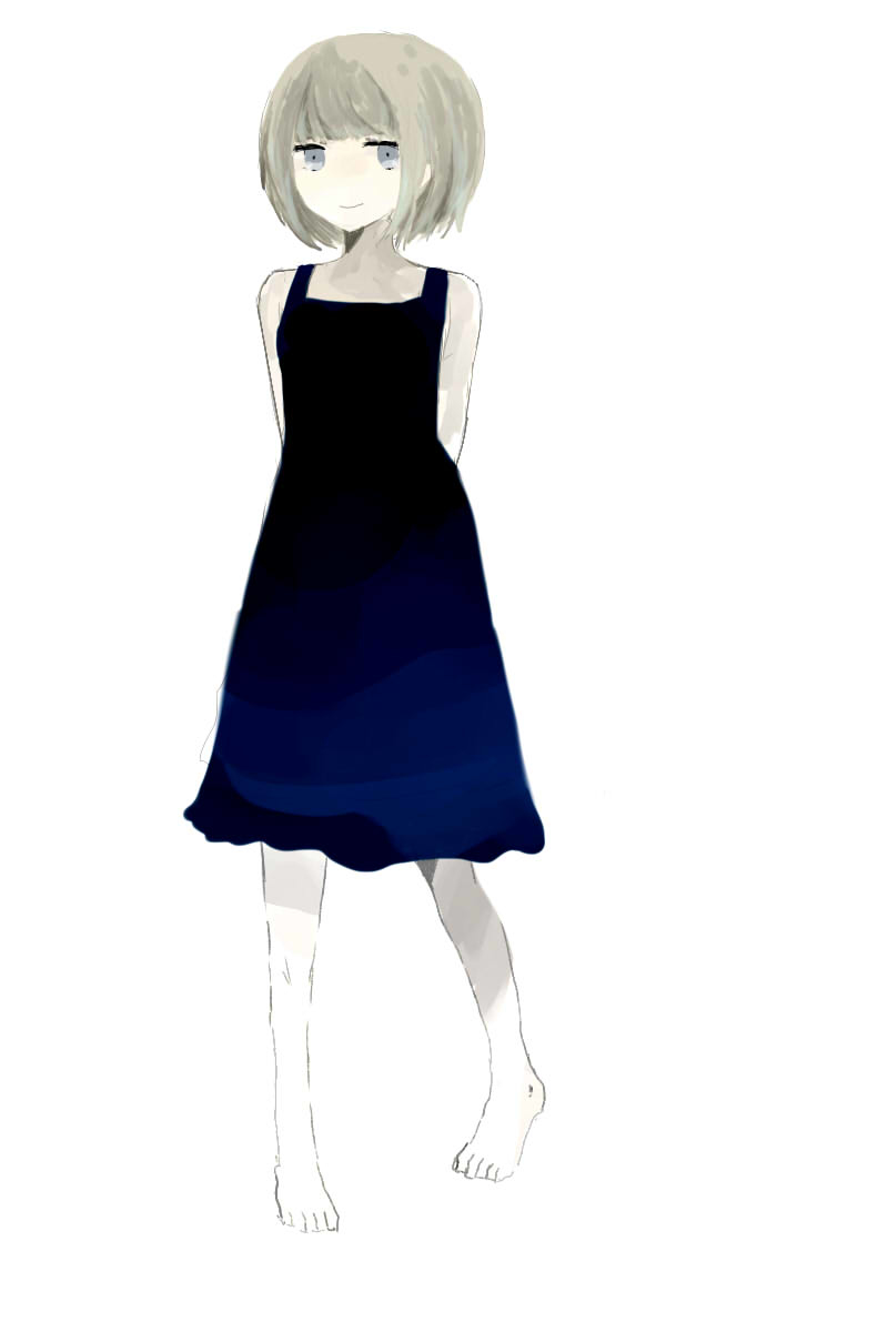 The Big Imageboard Tbib 1girl Arms Behind Back Barefoot Blonde Hair Blue Dress Dress Full