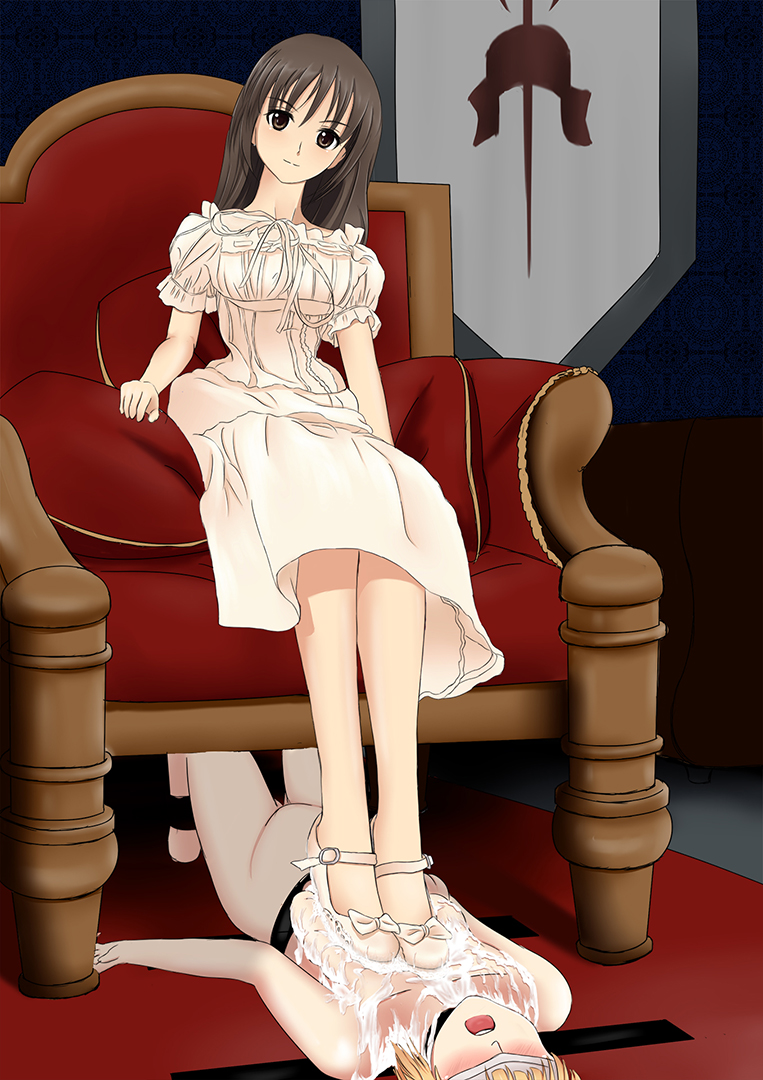 ...puffy_sleeves shoes short_sleeves sitting standing_on_person throne tram...