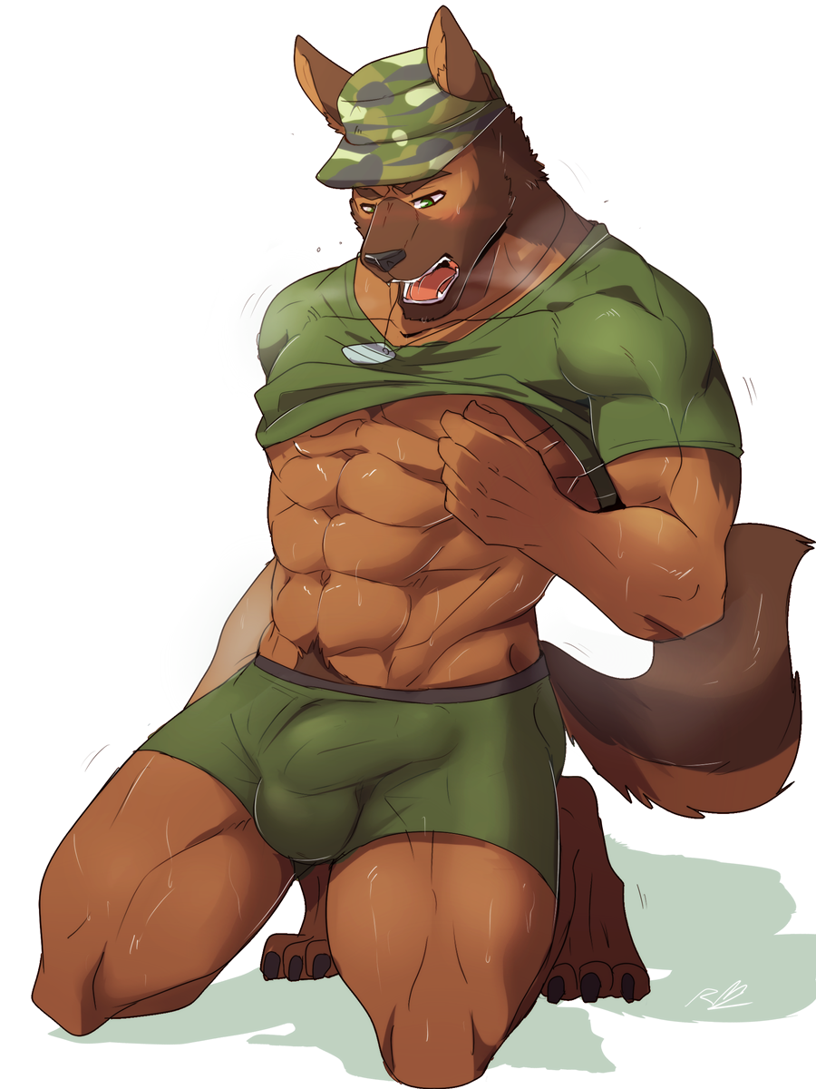...half-dressed hat headgear looking_down male mammal manly military muscle...