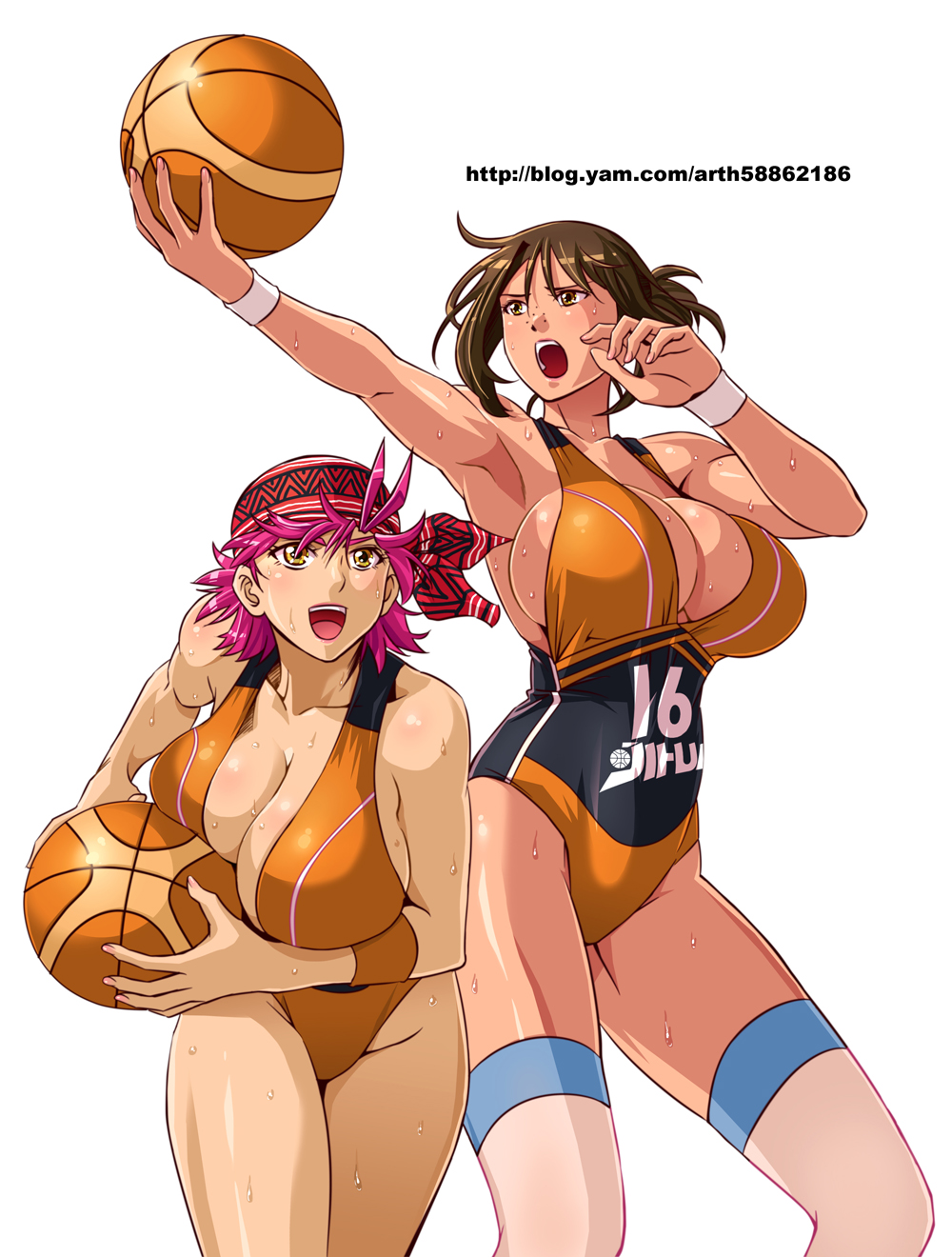 armpits ball bandana basketball black_leotard breasts brown_hair cleavage f...