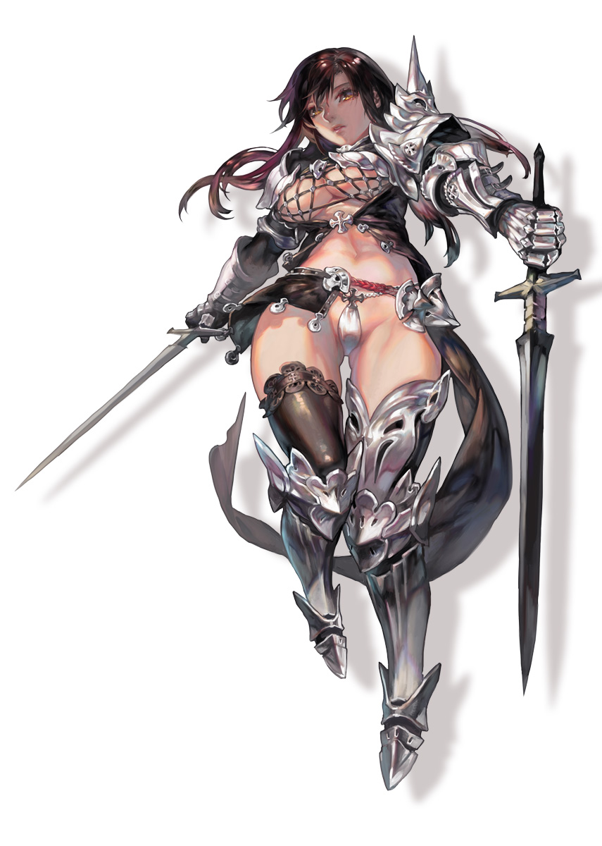 aoin armor bikini_armor boots breasts brown_eyes brown_hair cleavage dual_w...