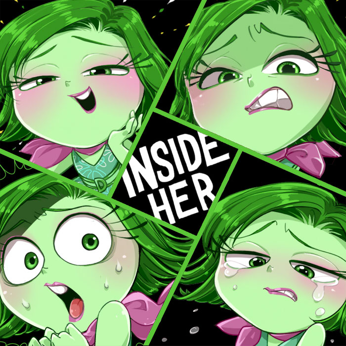 blush disgust disgust(inside_out) disney female green_eyes green_hair green...