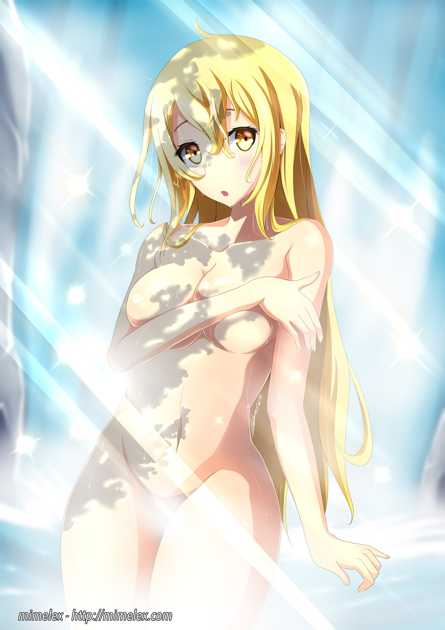 :o aiz_wallenstein blonde_hair blush breasts collarbone covering covering_b...