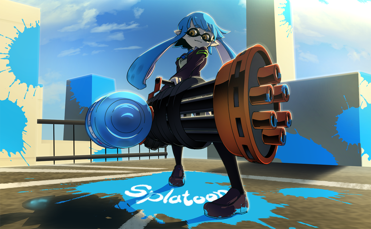Splatoon Mini Gun The Big ImageBoard (TBIB) - 1girl black legwear blue hair blue sky ...