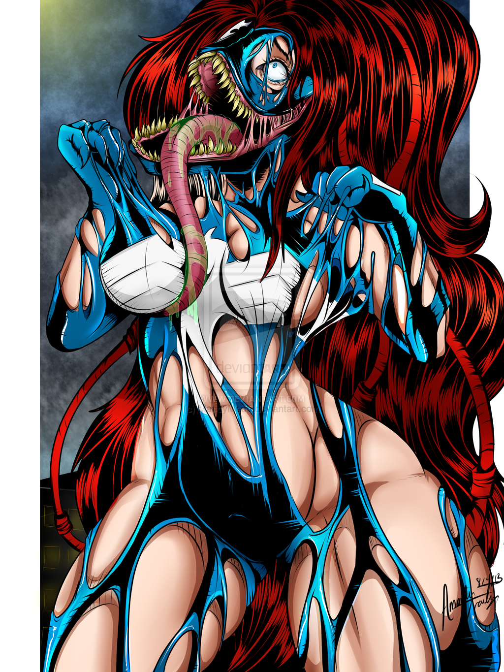 ...she-venom(character) spider-man standing teeth tongue torn_clothing tran...