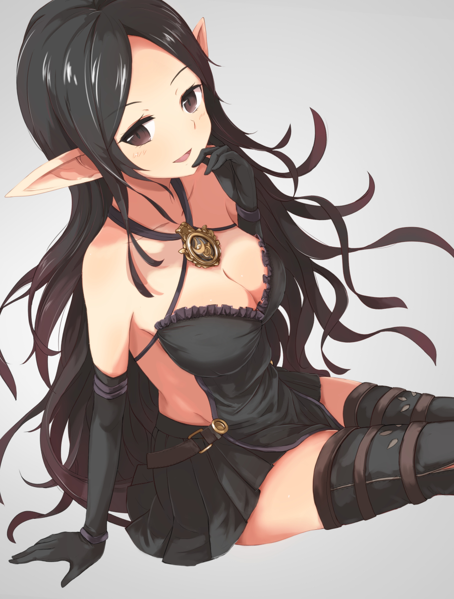 arm_support backless_outfit bare_shoulders black_hair breasts brown_eyes cl...