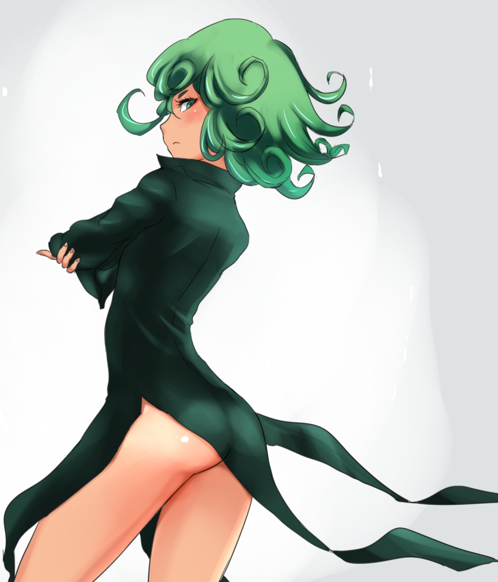 ass crossed_arms curly_hair dress green_eyes green_hair highres looking_bac...