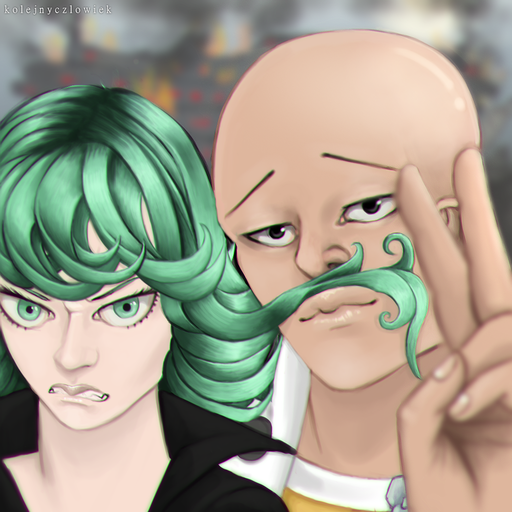 1boy 1girl angry bald green_hair one-punch_man saitama(one-punch_man) stand...