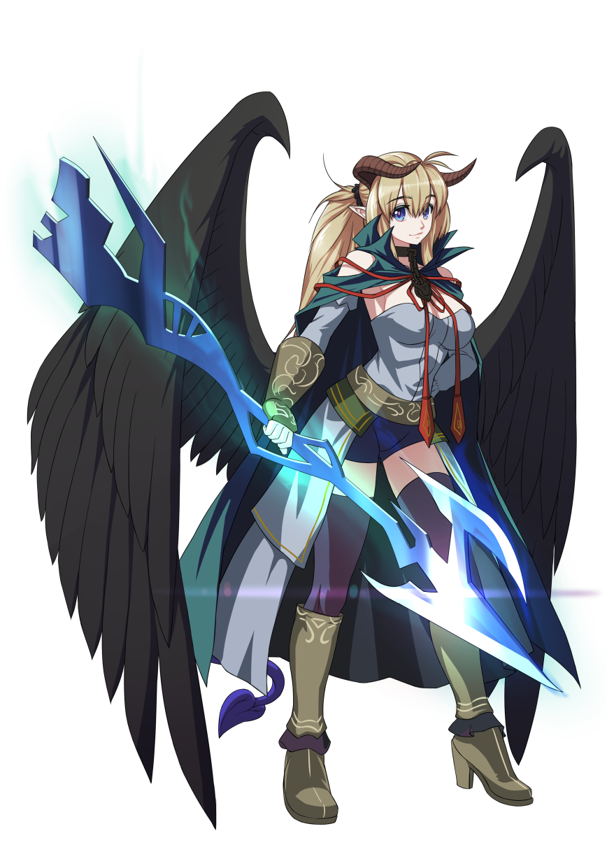 The Big Imageboard Tbib Blonde Hair Blue Eyes Breasts Cape Chain Cleavage Collar Demon Girl