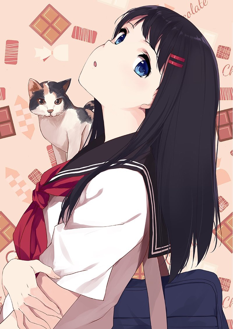 The Big Imageboard Tbib Black Hair Blue Eyes Blush Brown Eyes Caidychen Cat Female Hair 