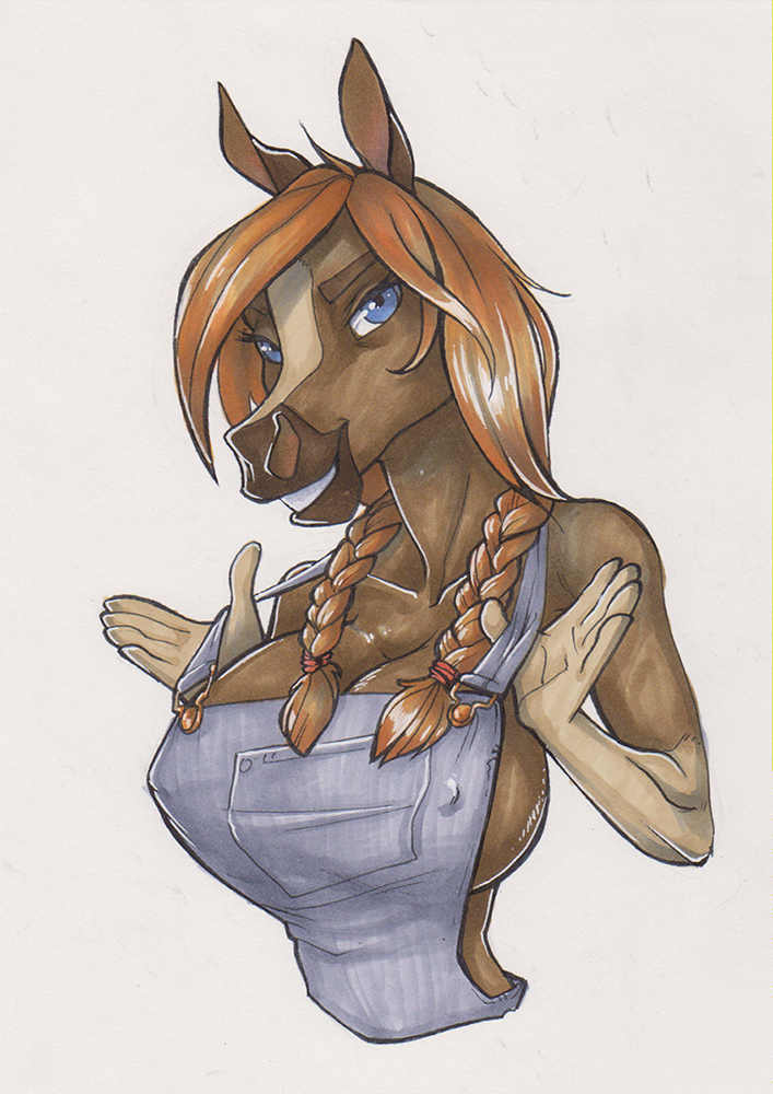 brown_hair cleavage clothed clothing elaine equine female front_view fur ha...