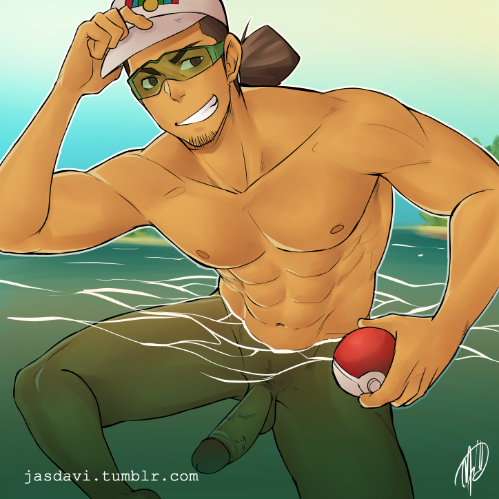 1boy bara beach erection facial_hair glasses hat kukui(pokemon) male_focus nude...