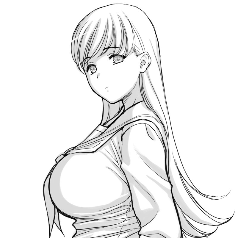 breasts closed_mouth commentary_request expressionless from_side greyscale ...