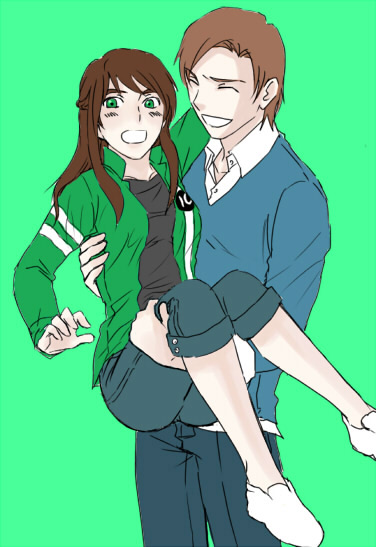 1boy 1girl ben_10 ben_10:_alien_force ben_tennyson brown_hair carrying commentary_request cousins genderswap genderswap_(ftm) genderswap_(mtf) green_eyes gwen_tennyson princess_carry