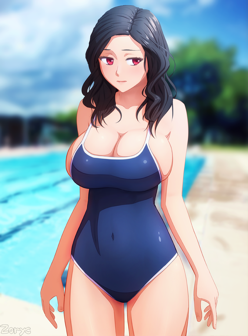 one-piece_swimsuit original outdoors photo_background pool poolside red_eye...