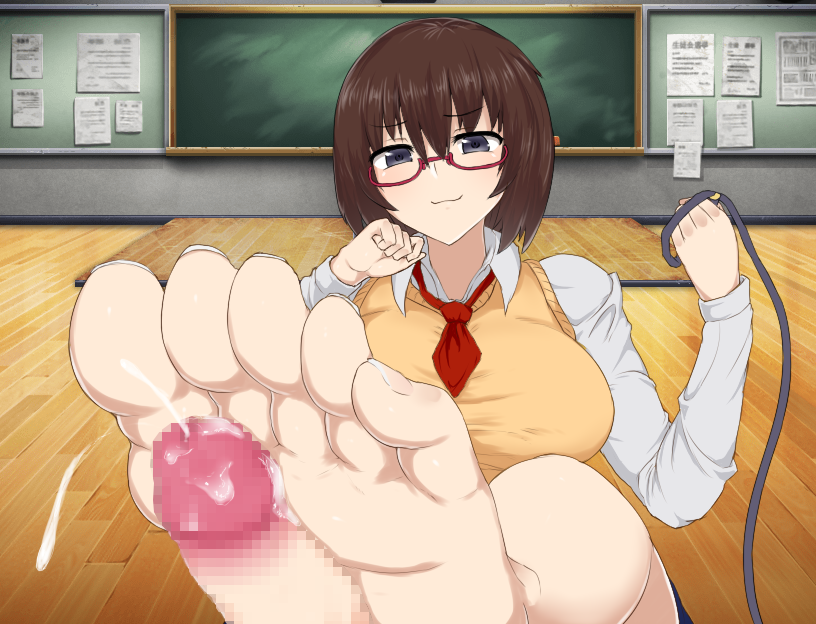 classroom cum ejaculation feet footjob glasses large_breasts leash looking_...